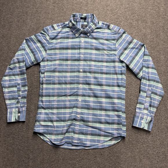J. CREW Flex Oxford Button Up Long Sleeve Shirt Men's Medium Blue Green Plaid - Picture 1 of 6